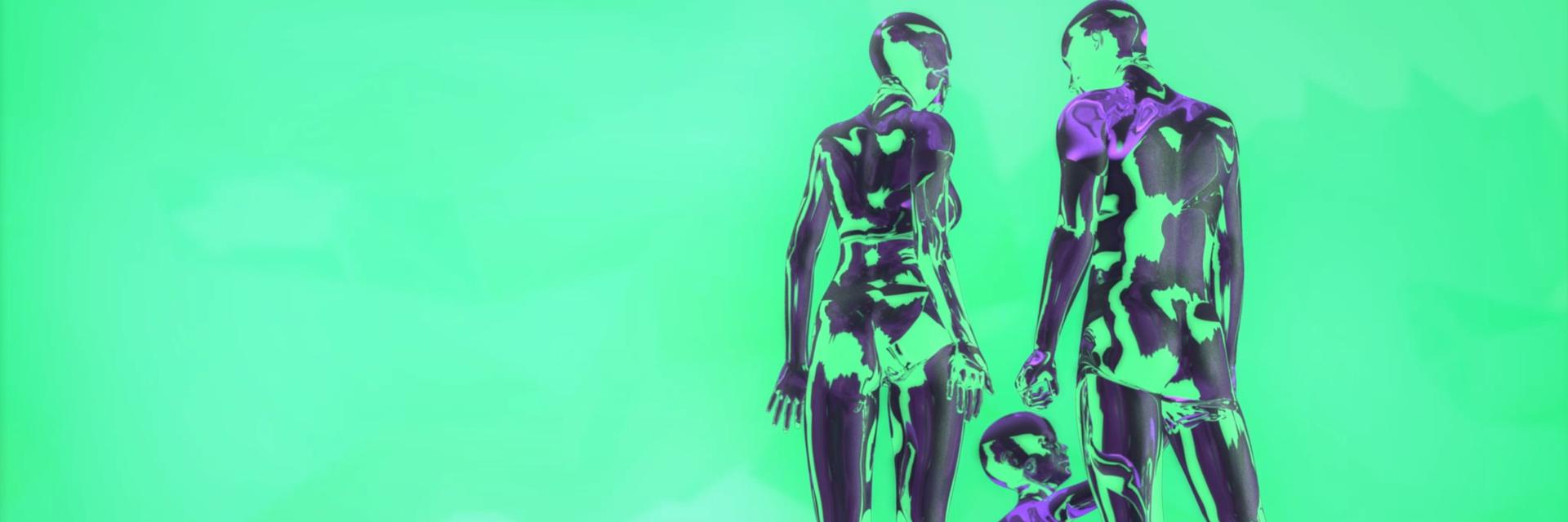 Green, artistic visual of a man, woman, and baby