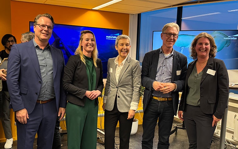 Niels Krol, Sr. Account Manager Aerospace, Aerospace Delta; Maaike Zwart, Vice Mayor, City of Delft; Brigitte de Vet-Veithen, CEO, Materialise; Henri Werij, Dean of the Faculty of Aerospace Engineering, TU Delft; Femke Verdegaal, Strategic Partnership Manager Aerospace Engineering, TU Delft / Aerospace Innovation Hub at the opening of Materialise's Aerospace Competence Center