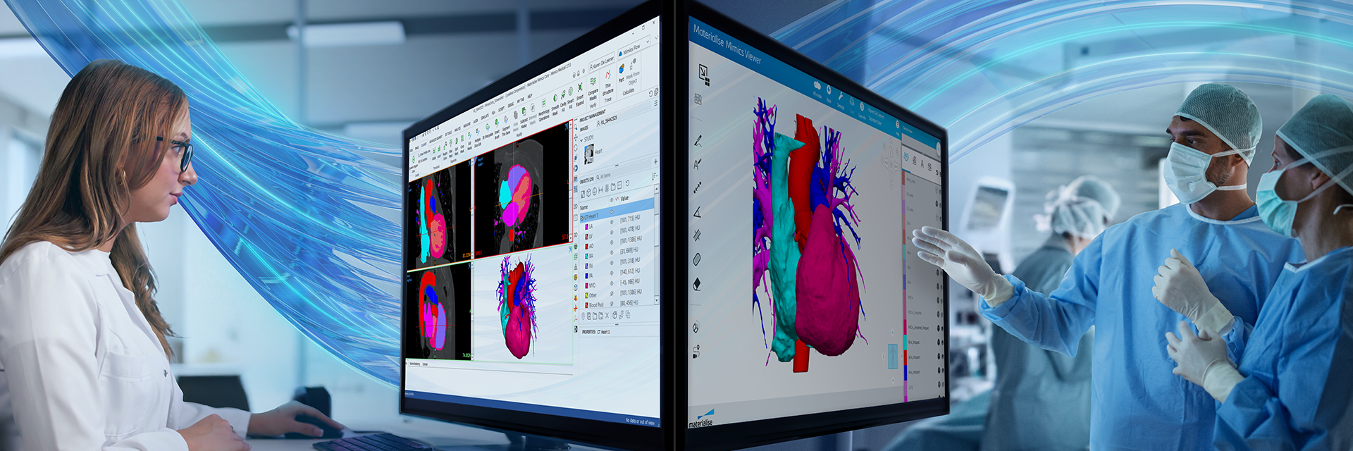 A double-sided perspective, one with a healthcare professional reviewing a patient's anatomy segmented into a digital 3D model in Materialise Mimics at her desk, the other with surgeons in an operating room, reviewing the patient's anatomy on a screen with Mimics Viewer. The signature Mimics blue swirl is across the entire background