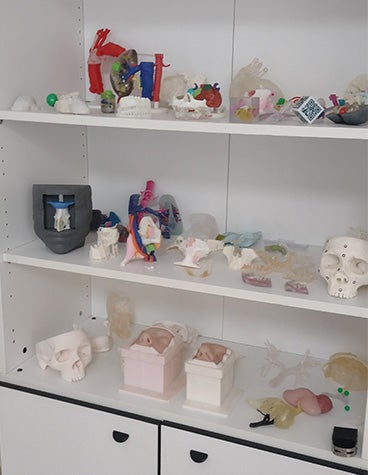 Bookshelf full of 3D-printed anatomical models in the point-of-care lab at the University of Bologna.