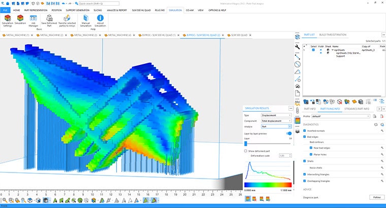 An image of a 3D build in the ansys simulation software. The build shows areas with different tolerance levels. The  shows blue and green areas that are within tolerance and one area at the front which is red. The red area indicates a place where supports could be added due to deformation.