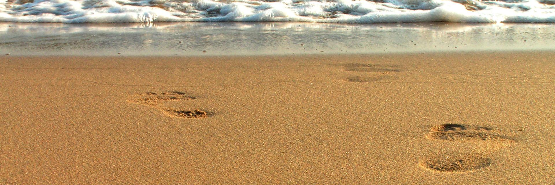 Footprints on a sandy beach leading to a calm, foamy sea.