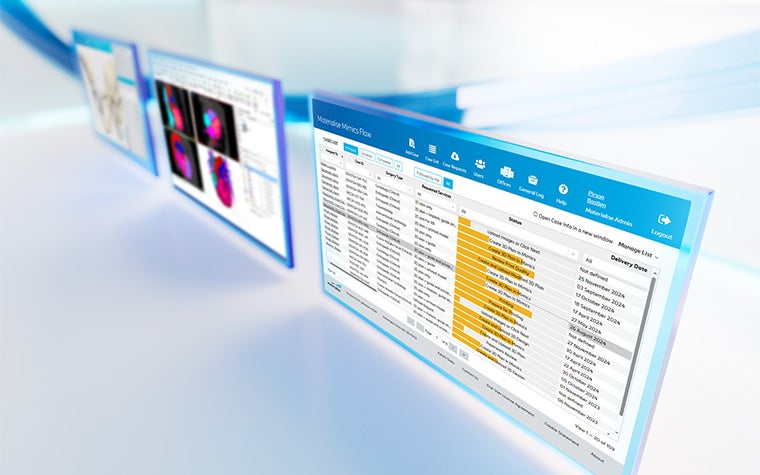 3 screens showing Materialise medical software, with the closest screen showing Mimics Flow. There's a blue swirly line in the background