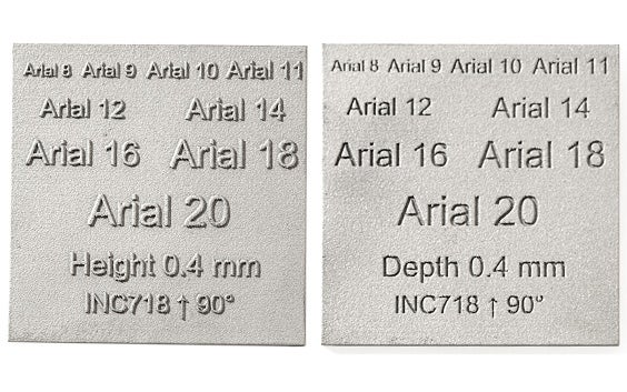 Examples of embossed and engraved text in standard grade Inconel