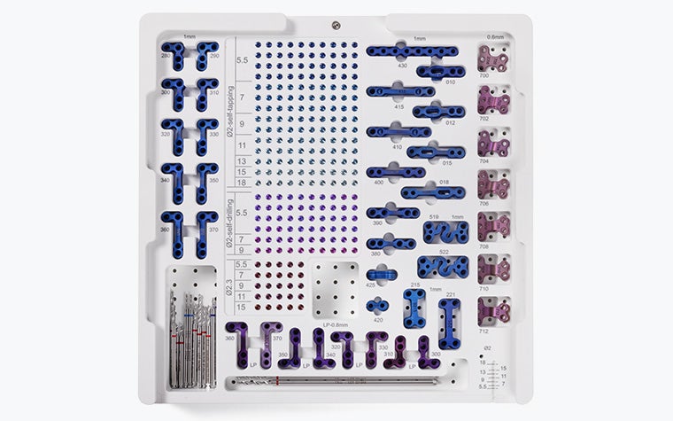 Top view of the screws, plates, and tools within the Orthognathic module