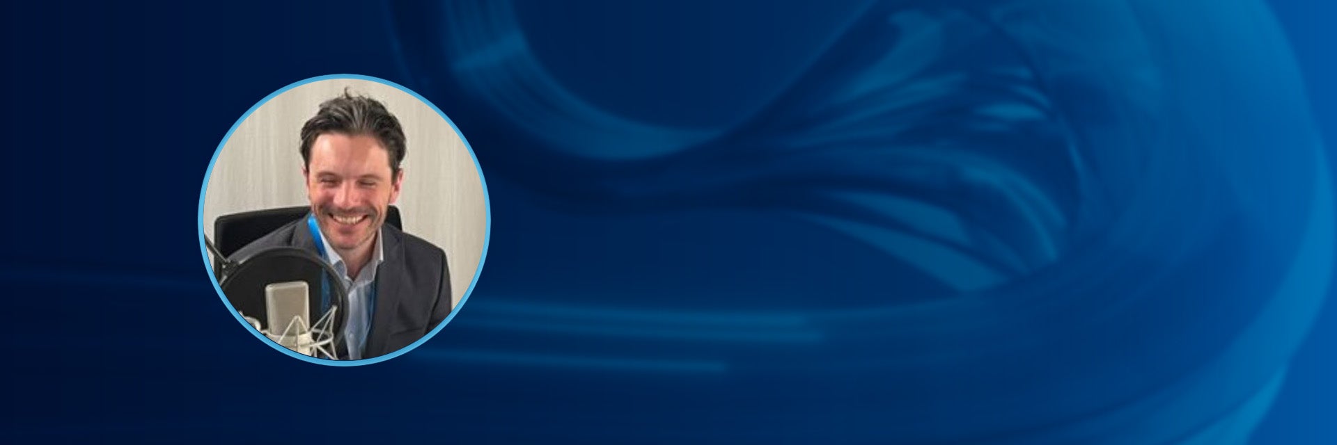 Jamie McCarte smiling in a blue circle on a blue swirl background. 