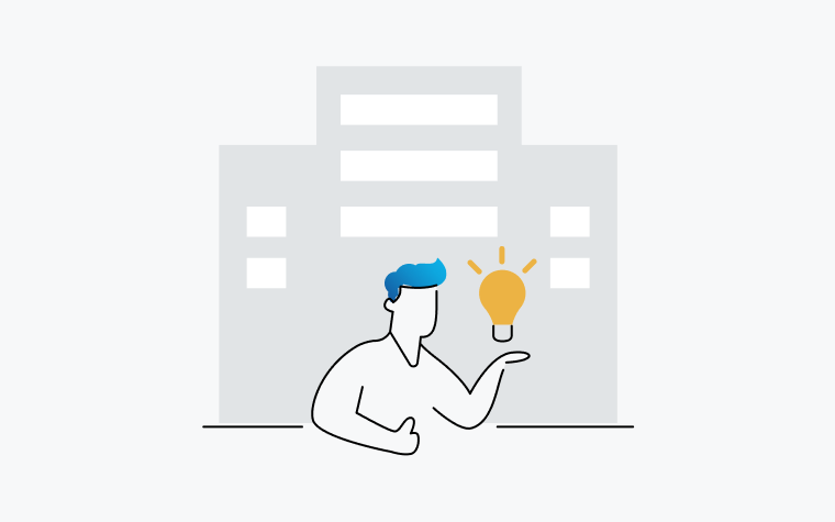 Icon of a person standing in front of a building, holding a lightbulb and giving a thumbs up