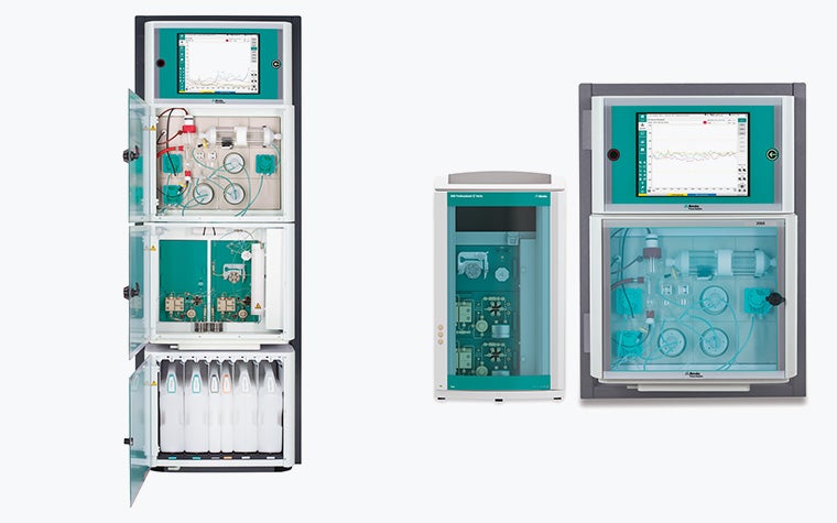 Two different air quality measuring systems from Metrohm Applikon standing in a row against a white background.