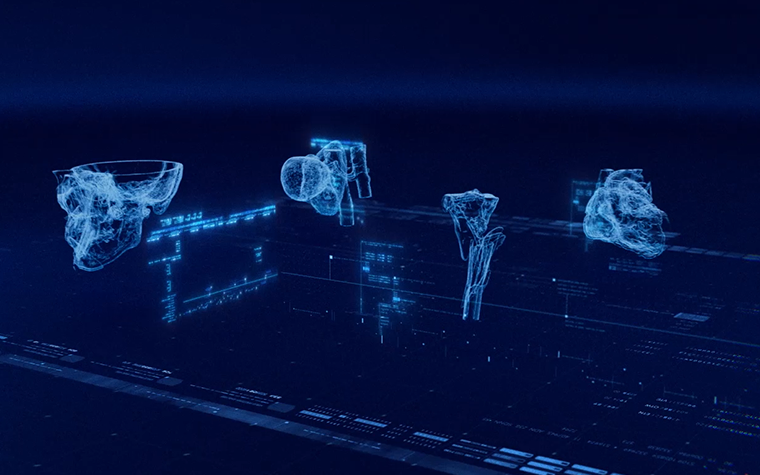 X-ray images of different human bones and a heart set against a deep blue background.