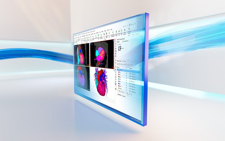 ミミックスコアのソフトウェアが表示され、背景に青い波線が入った画面の斜視図