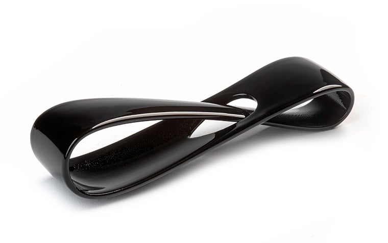 A black 3D-printed loop, finished with primer and paint with 90 percent gloss.