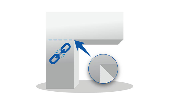 A three-dimensional L-shaped block with a dashed line and a blue broken chain icon on the vertical section, a blue arrow pointing to the inner corner, and an inset circle showing a close-up of a jagged, stepped edge.