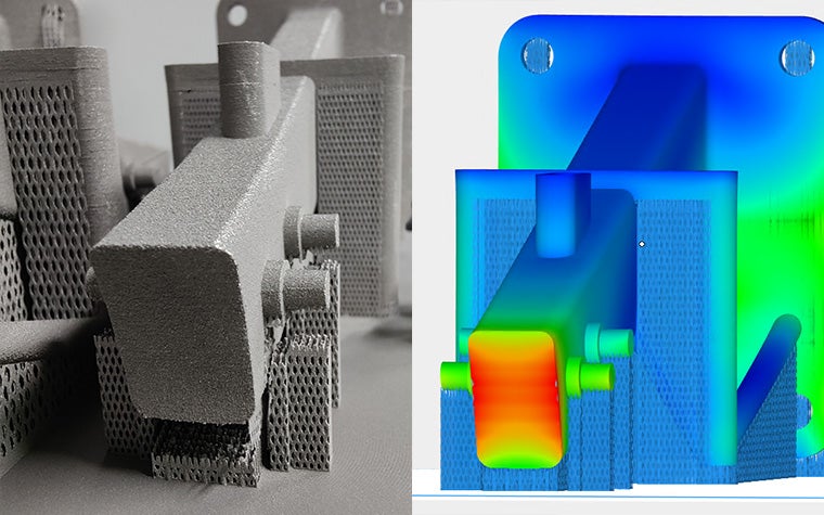 The left shows a printed part with some deformation on a flat surface. The right illustrates this error detected in Magics' Simulation module