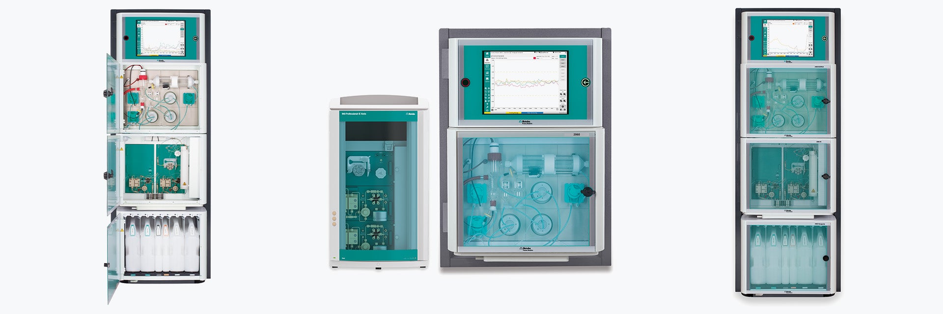 Three different air quality measuring systems from Metrohm Applikon standing in a row against a white background.