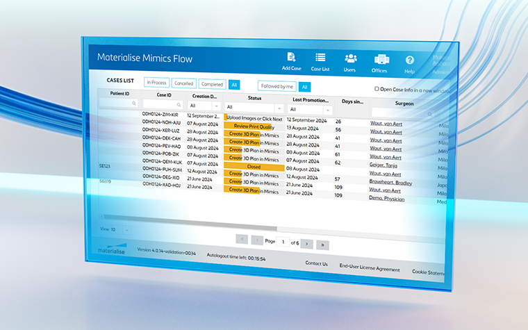 A computer screen showing case files within Mimics Flow with blue swirly lines in the background