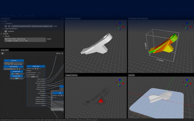 A screen of CO-AM Brix's node flow network and four different angles of a 3D design.