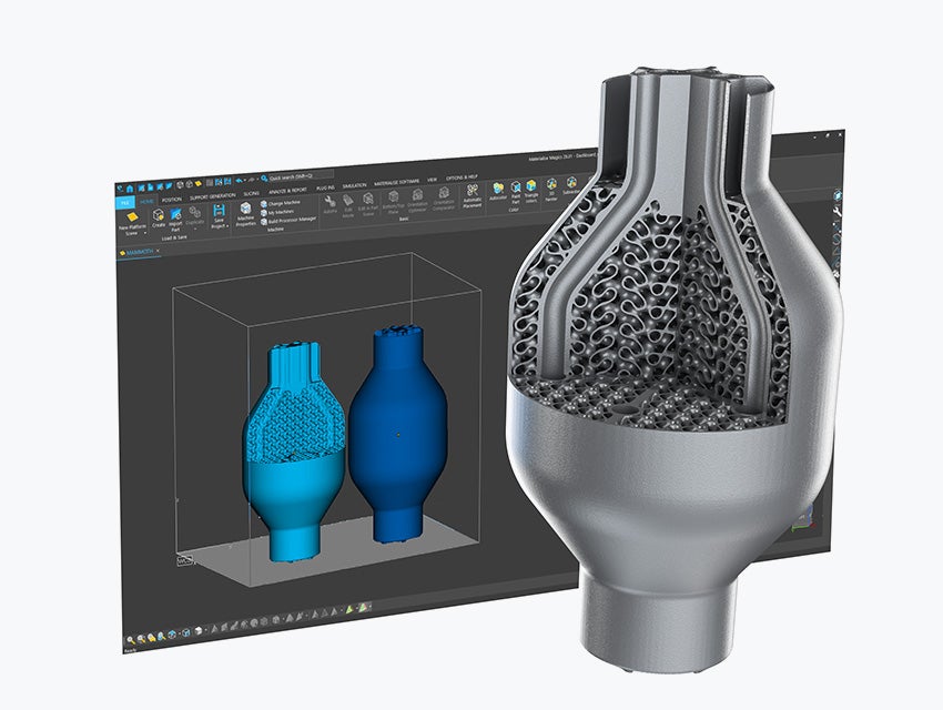 Screenshot of Magics 29 with a render of the 3D-printed part in front of the screen