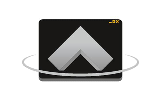 A gray 3D angular shape resembling an upward-pointing arrow displayed on a black screen interface with a small yellow minimize and close icon in the top right corner, surrounded by a gray circular rotation arrow.