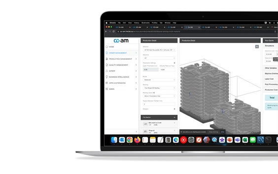 A laptop showing the CO-AM Software Platform's order management screen. On the screen are 3D models of multiple parts stack on top of each other with product detail and file selection parameters displayed.
