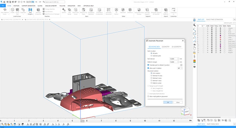 Screenshot of a group of parts in Materialise Magics, showing the Automatic Placement dialog box