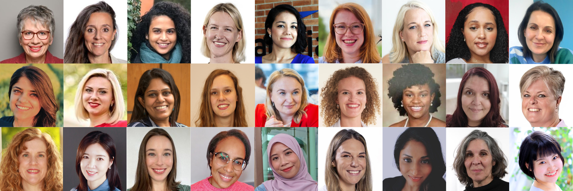 A collage of different women who work at Materialise. There are 27 profile images in total, and the women are of different ethnicities. They're all smiling at the camera.