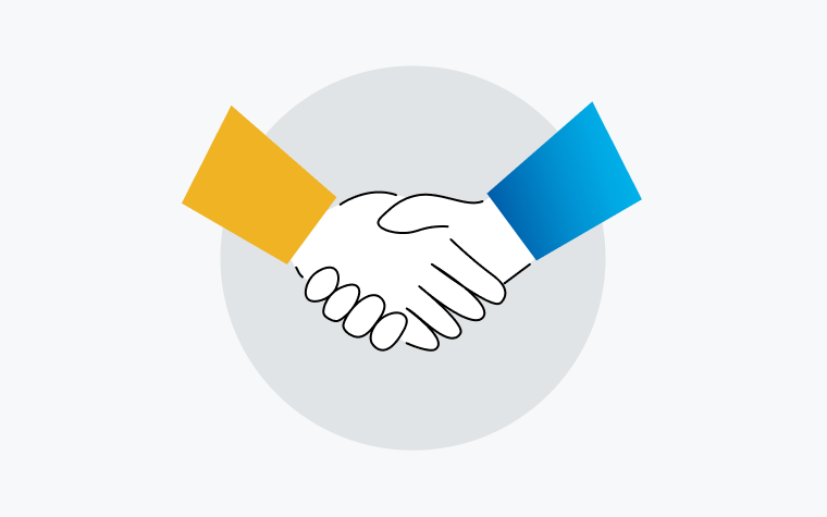 An icon of two peole shaking hands, the sleeves are blue and organge.