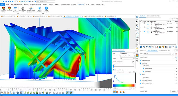 An image of a 3D build in the ansys simulation software. The build shows areas with different tolerance levels. Parts of the build are blue and green, showing areas that are within tolerance while an area near the base of the build is red and shows where supports could be added.