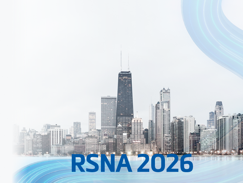The Chicago skyline and the words RSNA 2026 with the signature Mimics blue swirl