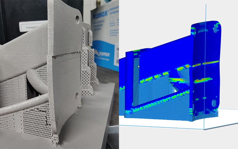 On the left is a printed part with a shrink line running along a broad, flat surface. The right shows this errror detected in Magics' Simulation module.