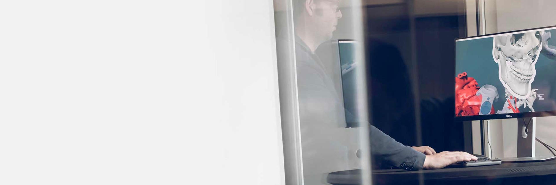 Person standing at a desk, using medical software