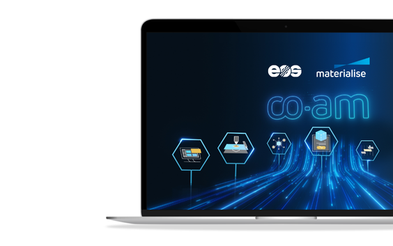 A laptop displaying the CO-AM, EOS, and Materialise logos. Below them are five hexagons representing the different CO-AM modules and how they relate to the digital manufacturing thread. 