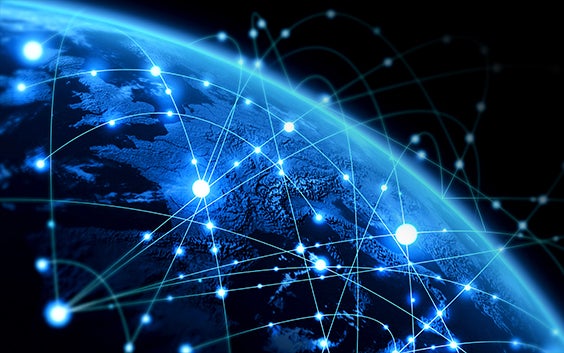 Digitales Bild eines Teils der Erde mit verschiedenen Punkten und Lichtlinien