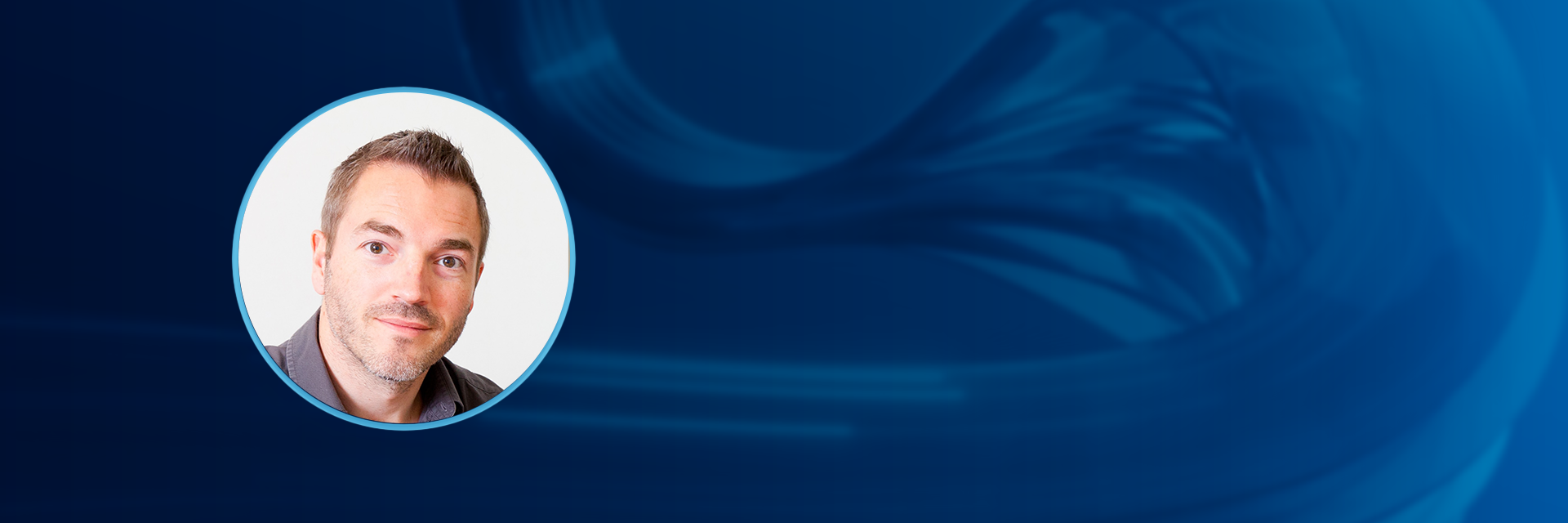 A headshot of Tim Van Cleynenbreugel inside a white circle, set against a blue background with a silk-like wave running across it.