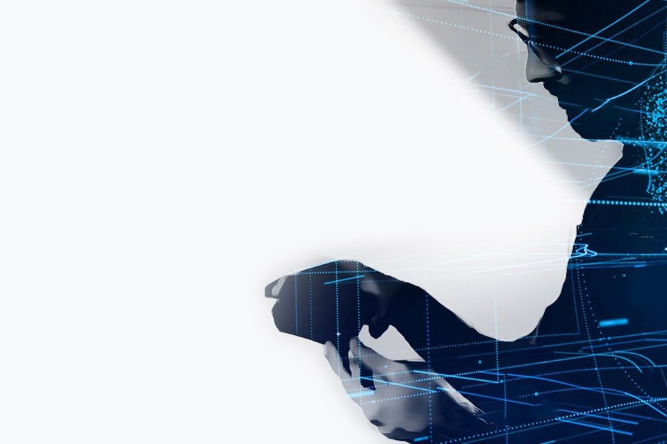 A shadowed man in glasses holds an item. Blue lines of light cross his body.