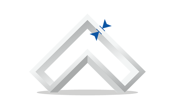 A three-dimensional angular outline resembling an upward-pointing arrow, with two small opposing blue triangles highlighting a narrow section on the upper right side.