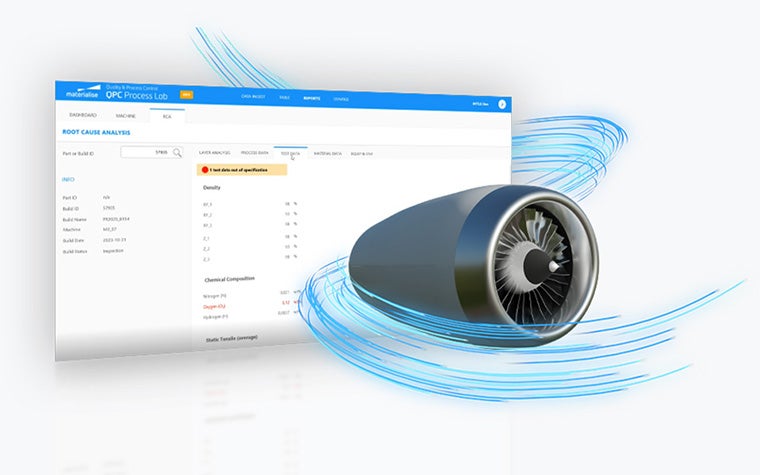 An image of an aircraft engine with a gust of wind in front of the QPC Process Lab dashboard screen