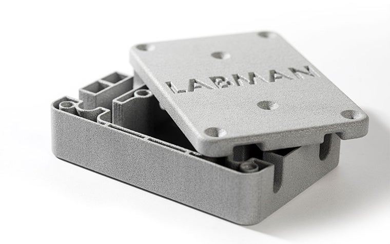 Box 3D printed in PA-AF with "LABMAN" etched into the lid