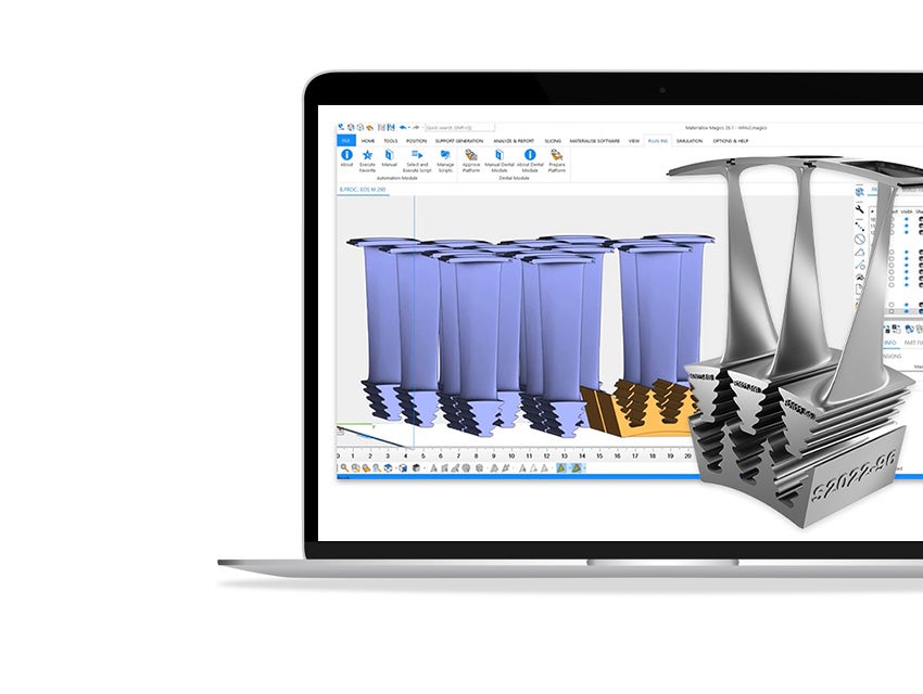 Laptop screen showing Materialise Magics with identical parts with labels and a metal 3D-printed version of the part popping out of the screen