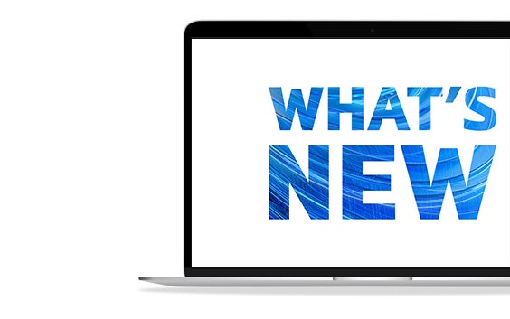 The words 'What's New' with blue swirly lines inside on a white background on a laptop screen