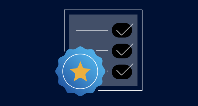 An icon showing a checklist with three ticks. On the checklist document is a blue badge/rosette award ribbon with a yellow star in the middle.