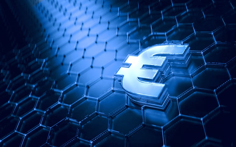 Ein Euro-Symbol auf einem blauen Hintergrund mit Sechsecken