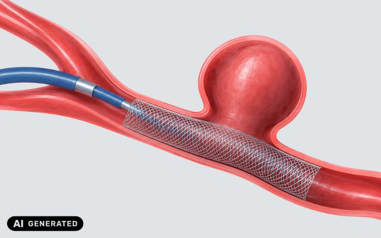 Illustration of a flow diverter stent deployed inside a blood vessel to redirect blood flow away from an aneurysm bulge. A catheter is shown guiding the mesh device into place within the artery.