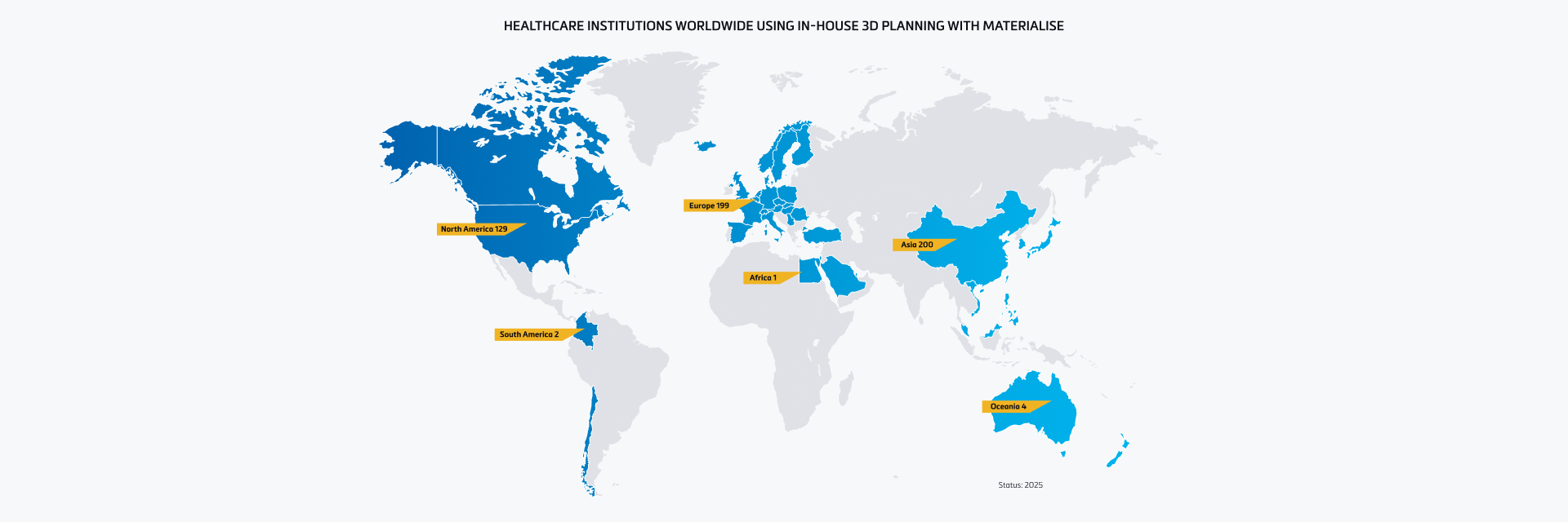 A world map illustrating how many countries throughout the world use Materialise for 3D planning:  129 in the US and Canada; 199 in the UK and EU; 200 in Asia; 1 in Africa; 2 in South America; and 4 in Oceania.