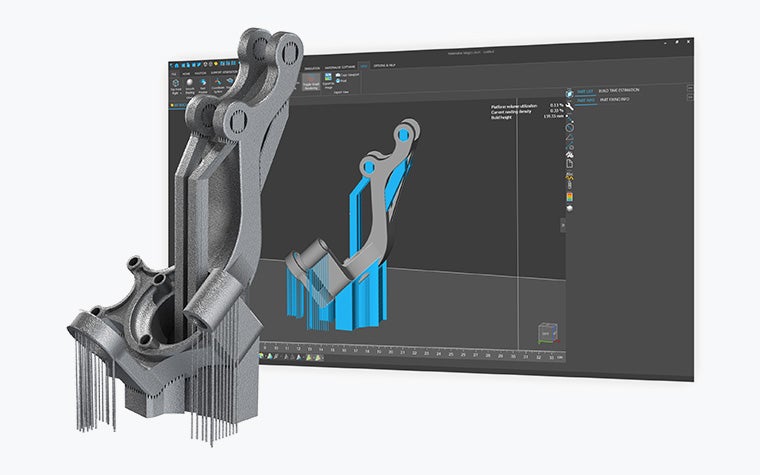サポート構造を持つ3Dパーツの画像と、モニターに映るMaterialiseのサポート生成モジュール手前は金属で3Dプリントされたパーツ。