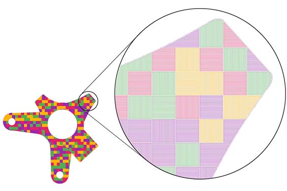 A close up of a part showing multi-laser job file with different, segmented lasers