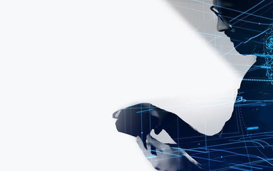 A shadowed man in glasses holds an item. Blue lines of light cross his body.