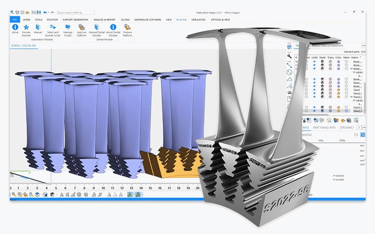 Materialise Magics showing identical parts with labels and a metal 3D-printed version of the part popping out of the screen