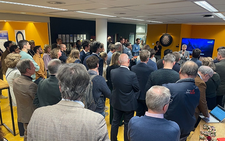 Crowd of attendees at the opening of Materialise's Aerospace Competence Center at TU Delft