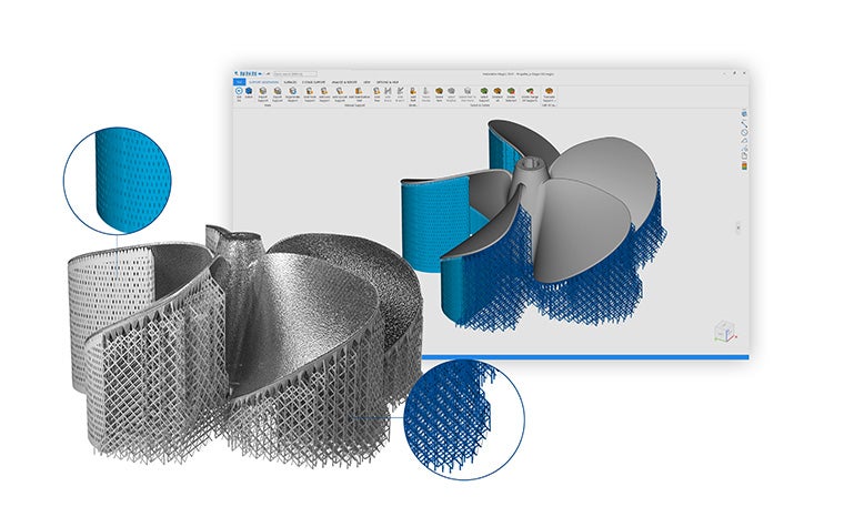 Materialise e-Stage for Metal+ の画面で、細いサポート構造を持つファンの3D画像がレンダリングされています。手前が金属製3Dプリンターで作られたファン。