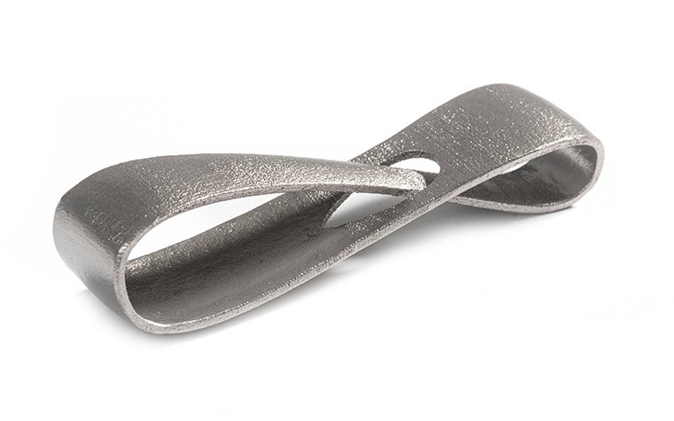 A metal 3D-printed infinity loop made from inconel using selective laser melting. The loop has a satin finish, achieved through glass bead blasting.